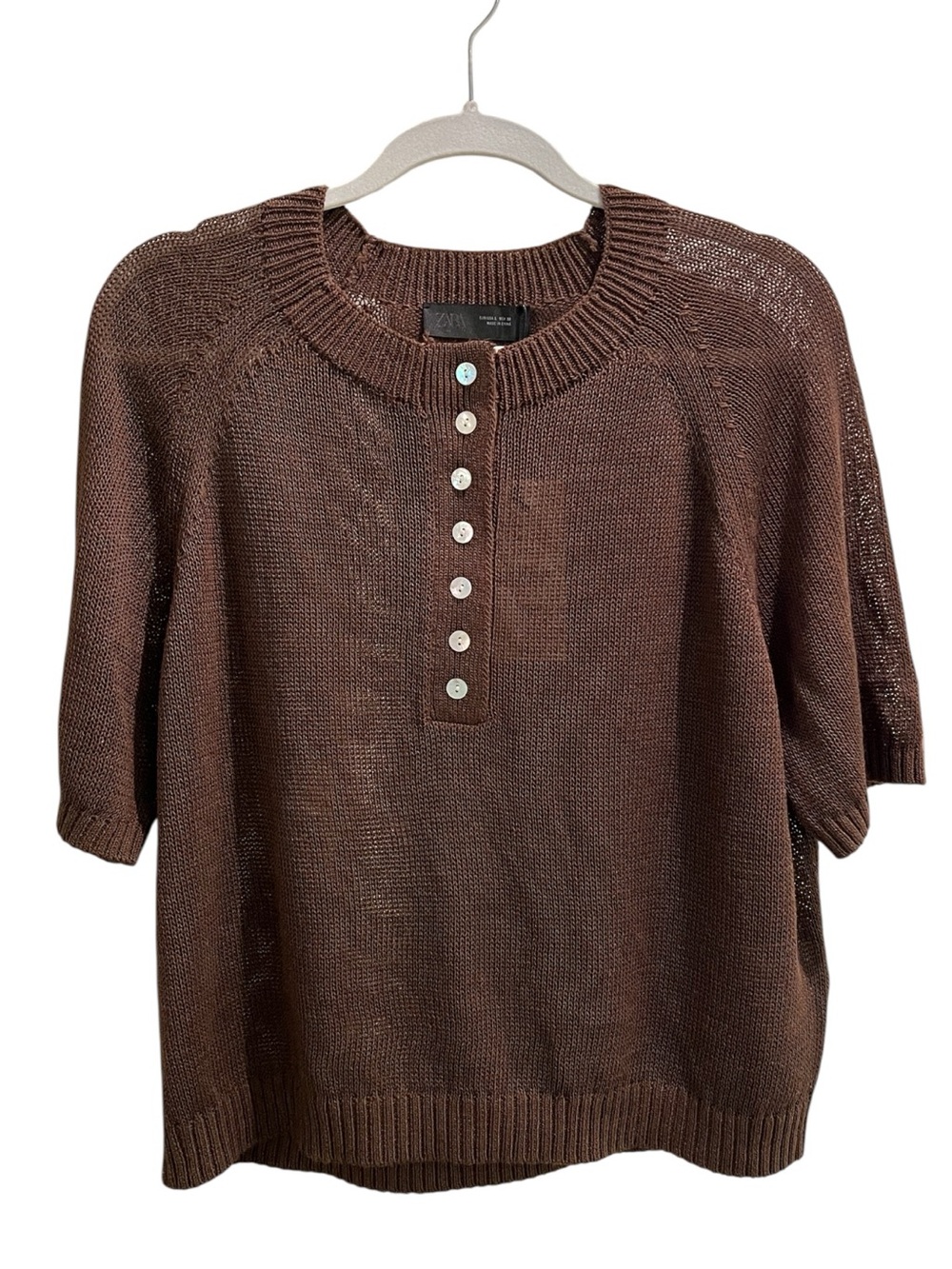 Zara Brown Short-Sleeve Button Knit Jumper Top β Size Large - Picture 4 of 9